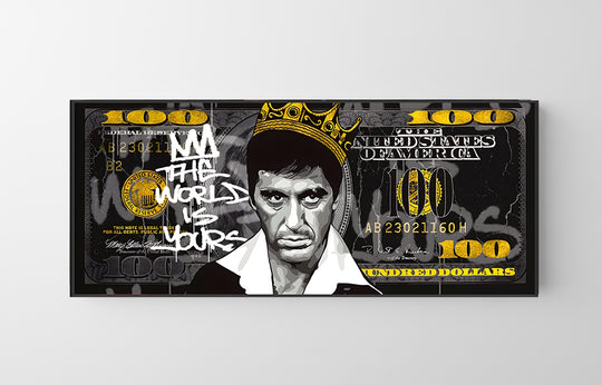 Motivační pop art obraz na plátně: muž s korunou, bankovka 100 dolarů a graffiti nápis
