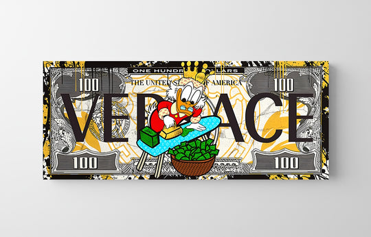 Pop art obraz na plátně s kreslenou kachnou v koruně, jak žehlí dolarové bankovky, přední pohled