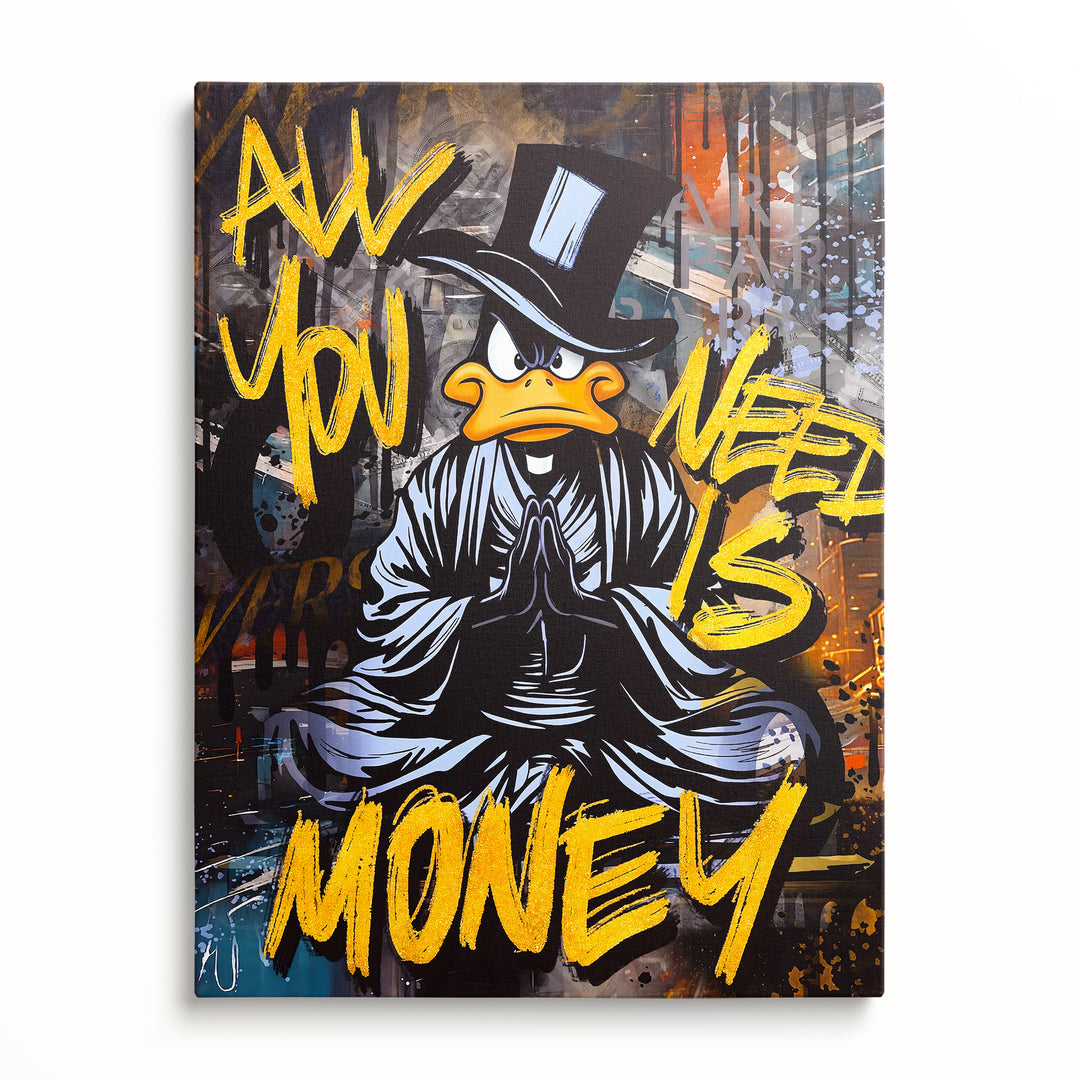 Motivační obraz černého kačera s textem All You Need Is Money, čistý přední pohled.