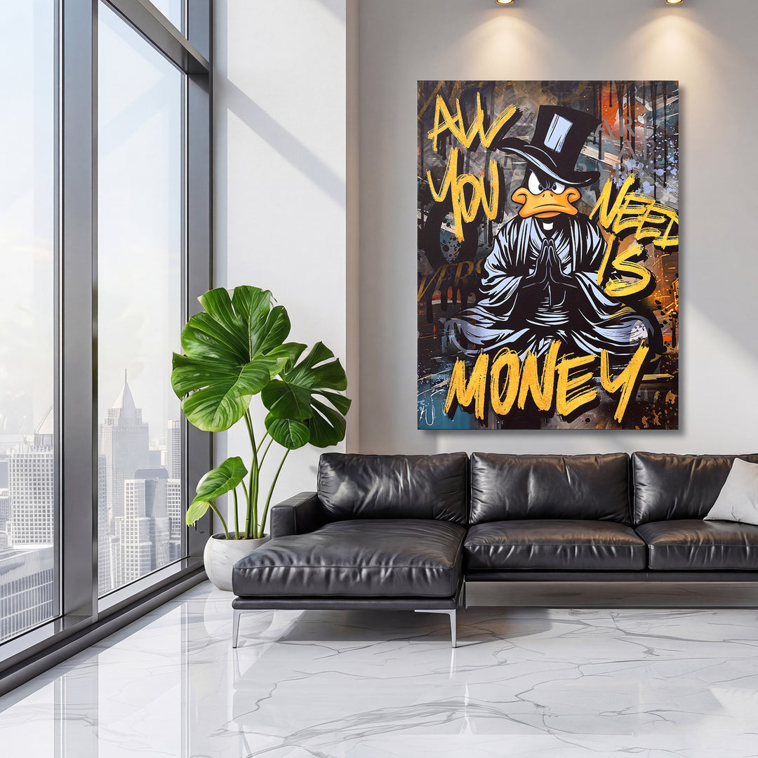 Motivační obraz černého kačera All You Need Is Money v moderním obývacím pokoji.