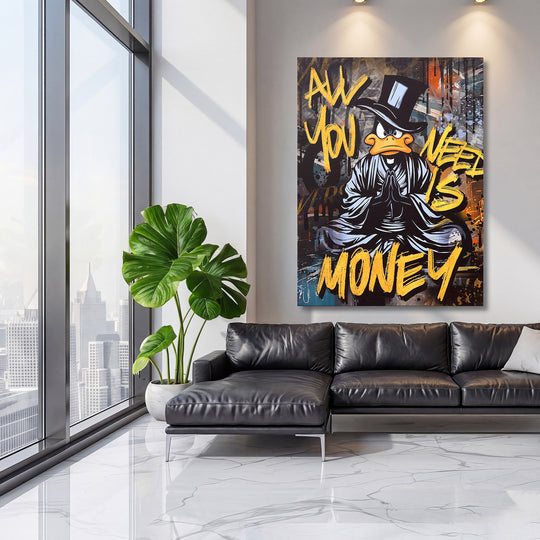 Motivační obraz černého kačera All You Need Is Money v moderním obývacím pokoji.