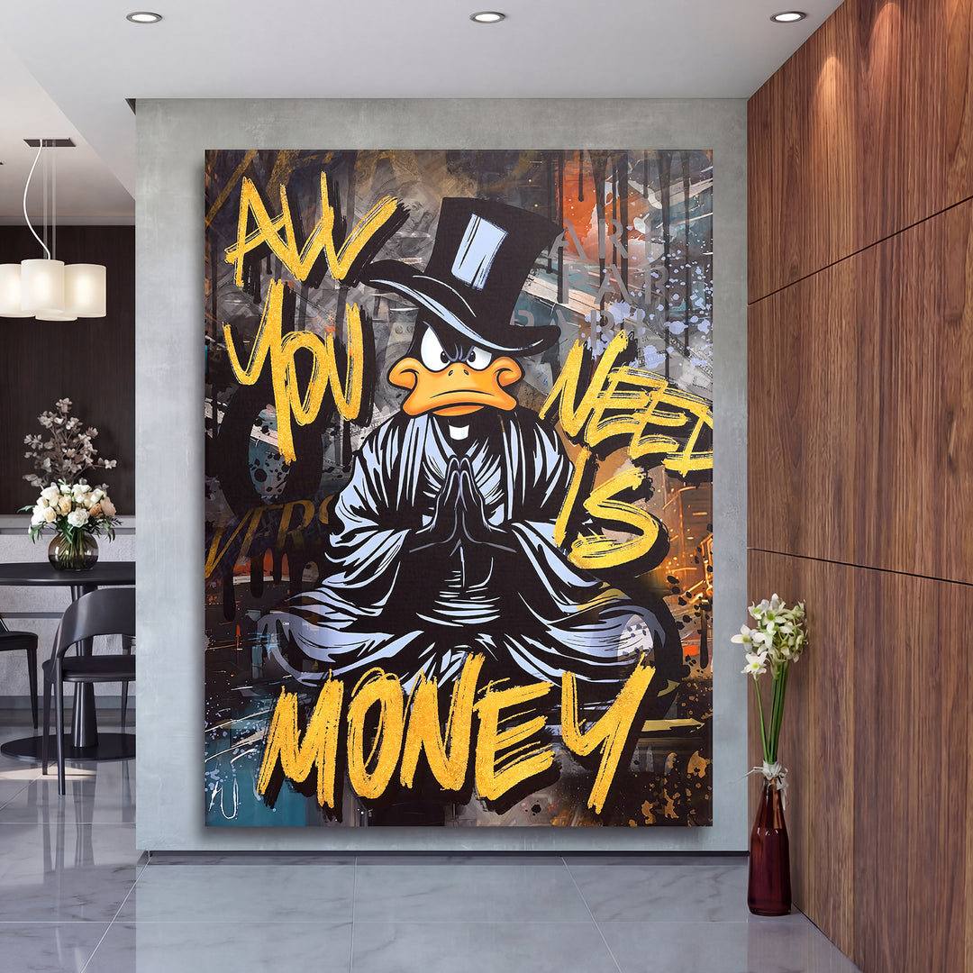 Motivační obraz černého kačera All You Need Is Money v elegantním interiéru.