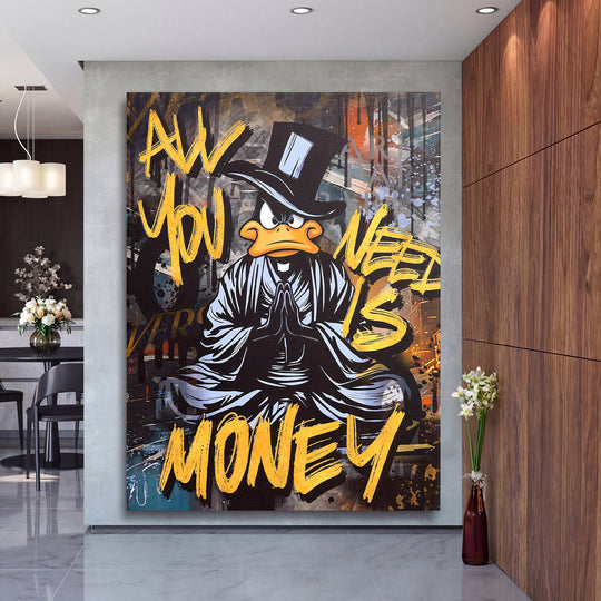 Motivační obraz černého kačera All You Need Is Money v elegantním interiéru.