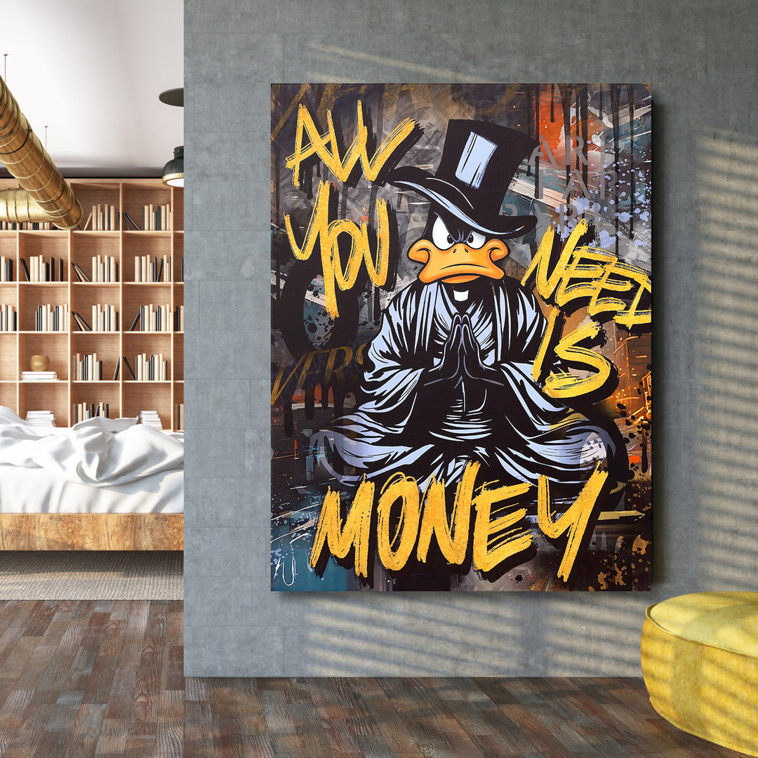 Motivační obraz černého kačera All You Need Is Money v industriálním obývacím pokoji.