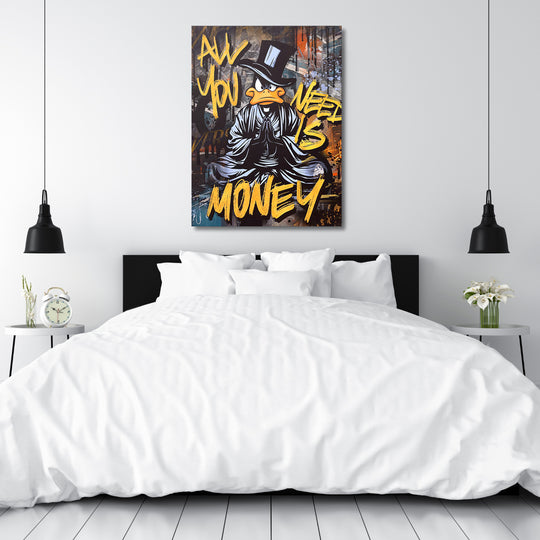 Motivační obraz černého kačera All You Need Is Money v ložnici.
