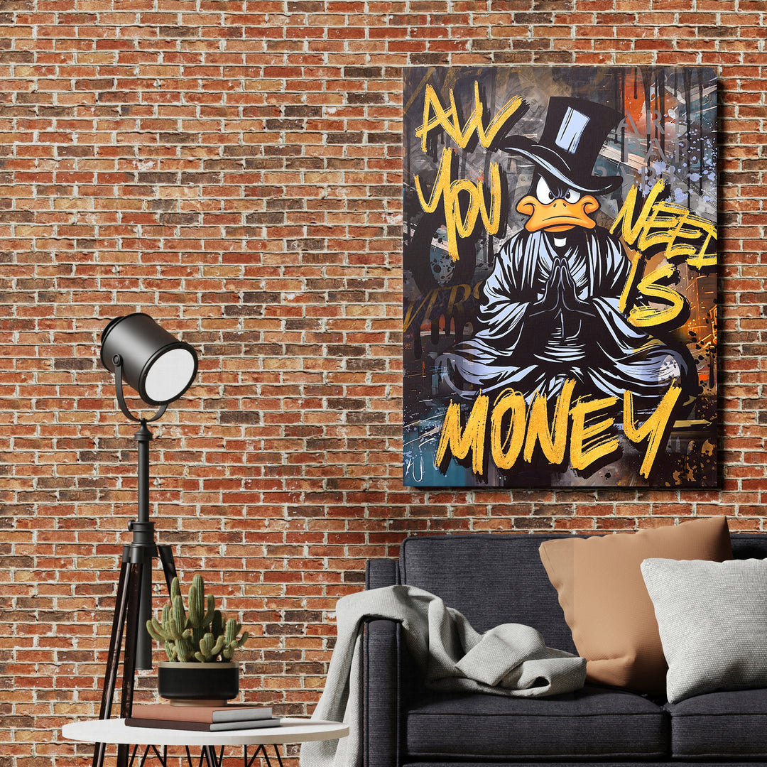 Motivační obraz černého kačera All You Need Is Money na cihlové stěně.