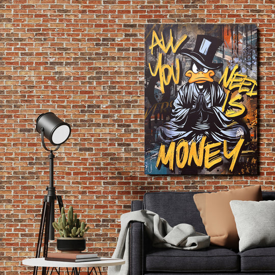 Motivační obraz černého kačera All You Need Is Money na cihlové stěně.
