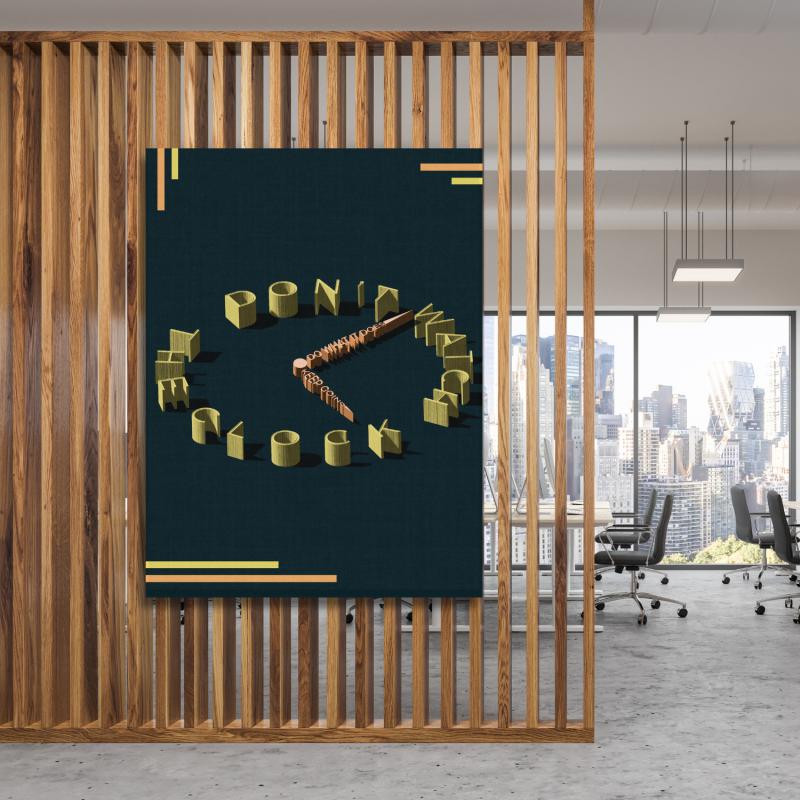 Stylový motivační obraz s citátem "Don't Watch the Clock" ve tvaru hodin, perfektní pro kancelář. Na budujimperium.cz 